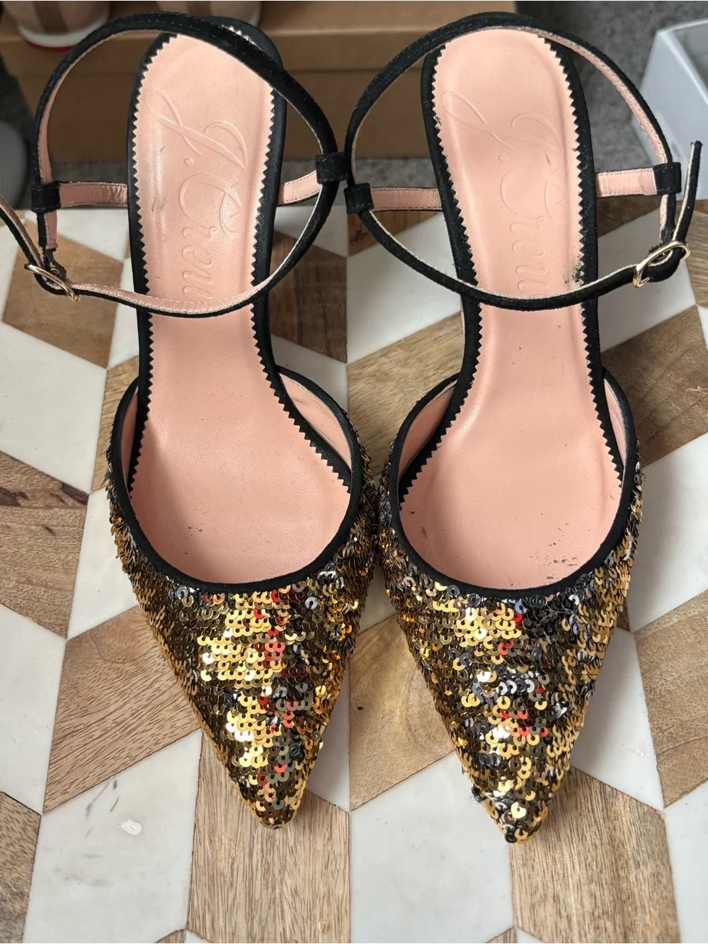 J. Crew Gold Sequin Pointed-Toe Ankle-Strap Heels with Black Trim